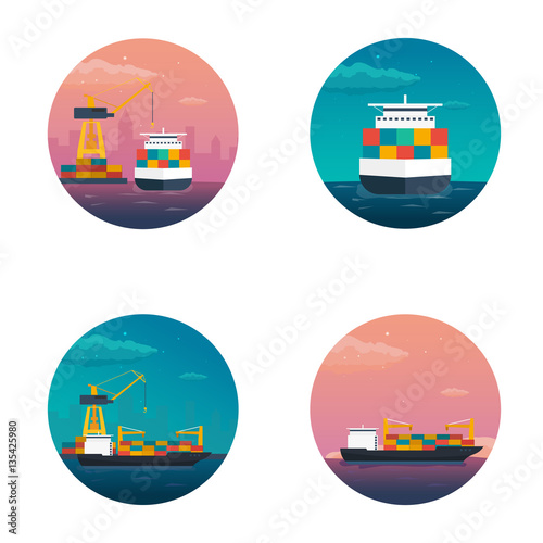 Sea transportation logistic. Sea Freight. Maritime shipping. Merchant Marine. Cargo ship. Vector flat illustration.