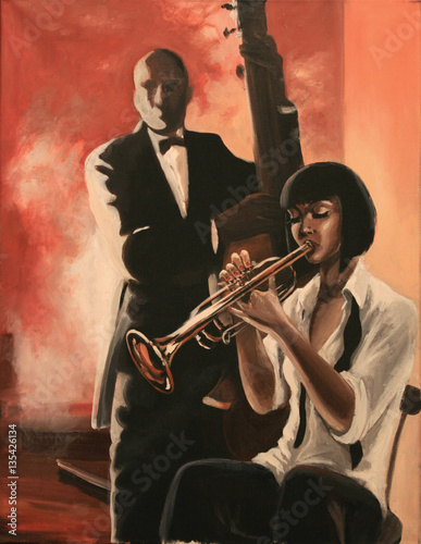 Jazz duet  young lady with trumpet and a man with contrabass. Fantasy original art work  acrylic on canvas