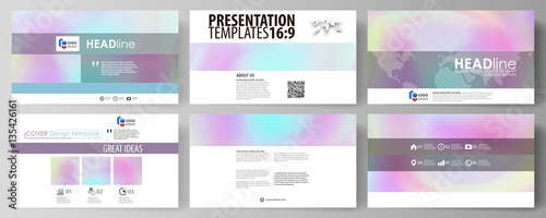 Business templates in HD format for presentation slides. Vector layouts in abstract design. Hologram, background in pastel colors with holographic effect. Blurred colorful pattern, futuristic texture.