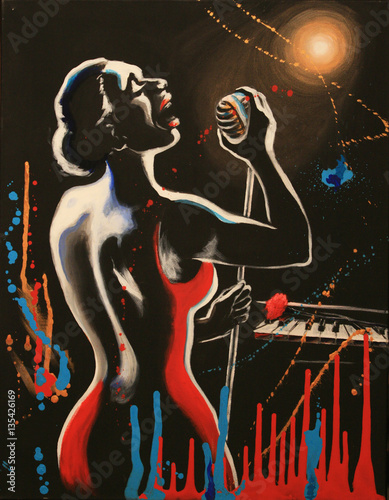 Canvas Print Jazz singer, silhouette with microphone under scenic lights, black background with artistic sprays and streaks
