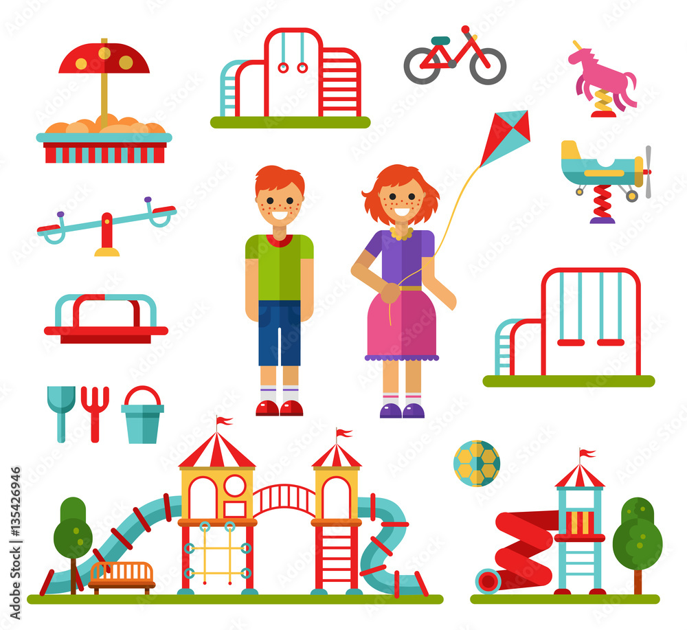 Flat design vector illustration set of playground and attractions elements for infographic design. Swings, slides and tube, carousel, sandpit and sandbox, ball, teeter board, smiling boy and girl.