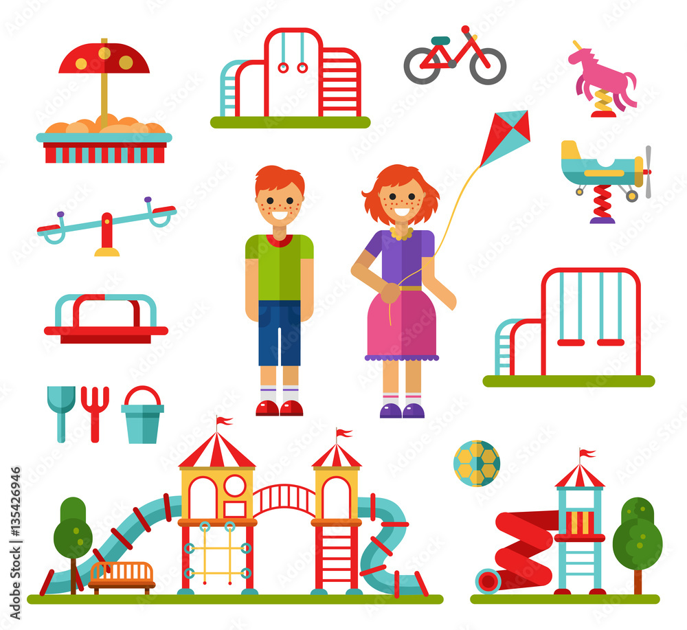 Flat design vector illustration set of playground and attractions elements for infographic design. Swings, slides and tube, carousel, sandpit and sandbox, ball, teeter board, smiling boy and girl. Flat design vector illustration set of playground and attractions elements for infographic design. Swings, slides and tube, carousel, sandpit and sandbox, ball, teeter board, smiling boy and girl.