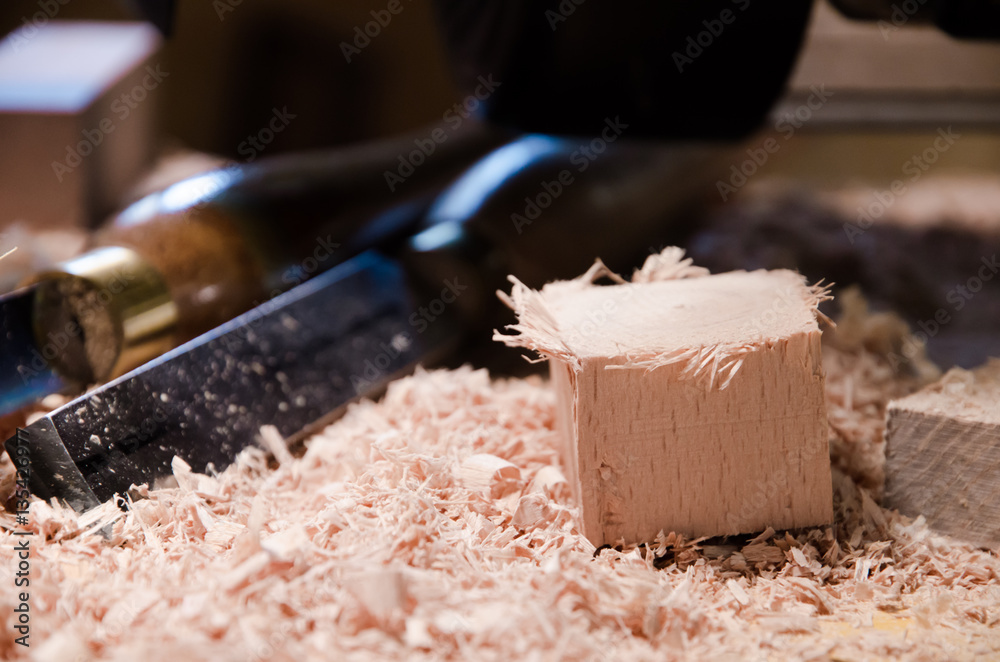 Carpenter's table with tools and chips. Carpenter's table with tools and chips.