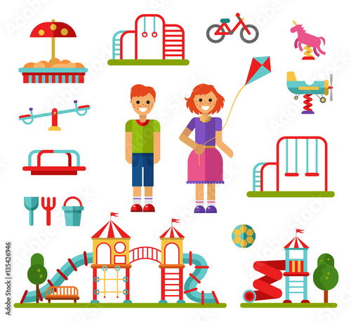 Flat design vector illustration set of playground and attractions elements for infographic design. Swings, slides and tube, carousel, sandpit and sandbox, ball, teeter board, smiling boy and girl.