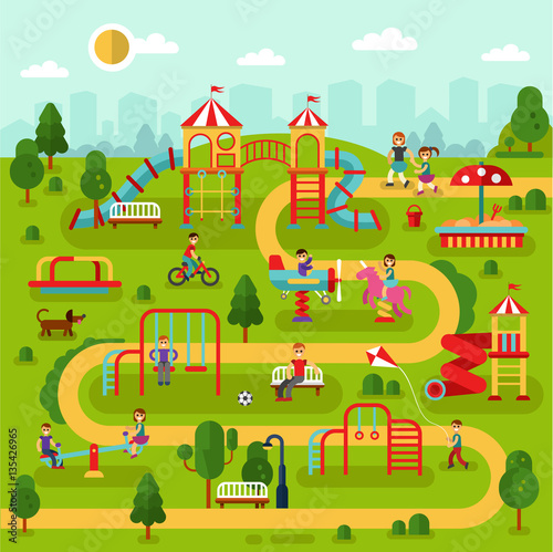 Fototapeta Naklejka Na Ścianę i Meble -  Flat design vector landscape illustration of park with kids playground and attractions. Infographic design of amusement park for children. Kids play on playground with mother and father