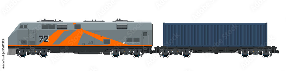 Locomotive with Cargo Container on Railroad Platform Isolated on White Background , Train, Railway and Container Transport, Vector Illustration Locomotive with Cargo Container on Railroad Platform Isolated on White Background , Train, Railway and Container Transport, Vector Illustration