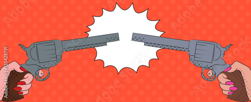 Vector Pop Art illustration of two revolvers in the women's hands with a burst. Duel.
