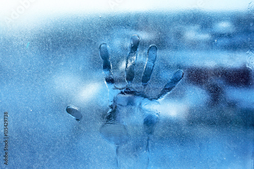 Картината върху платно The imprint of the palm of human hand on frozen window glass in cool colors