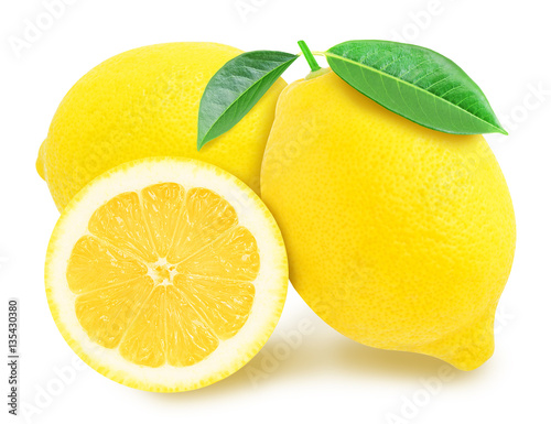 Three juicy yellow lemon with leaf sections isolated on a white background. Design element for product label, catalog print, web use.