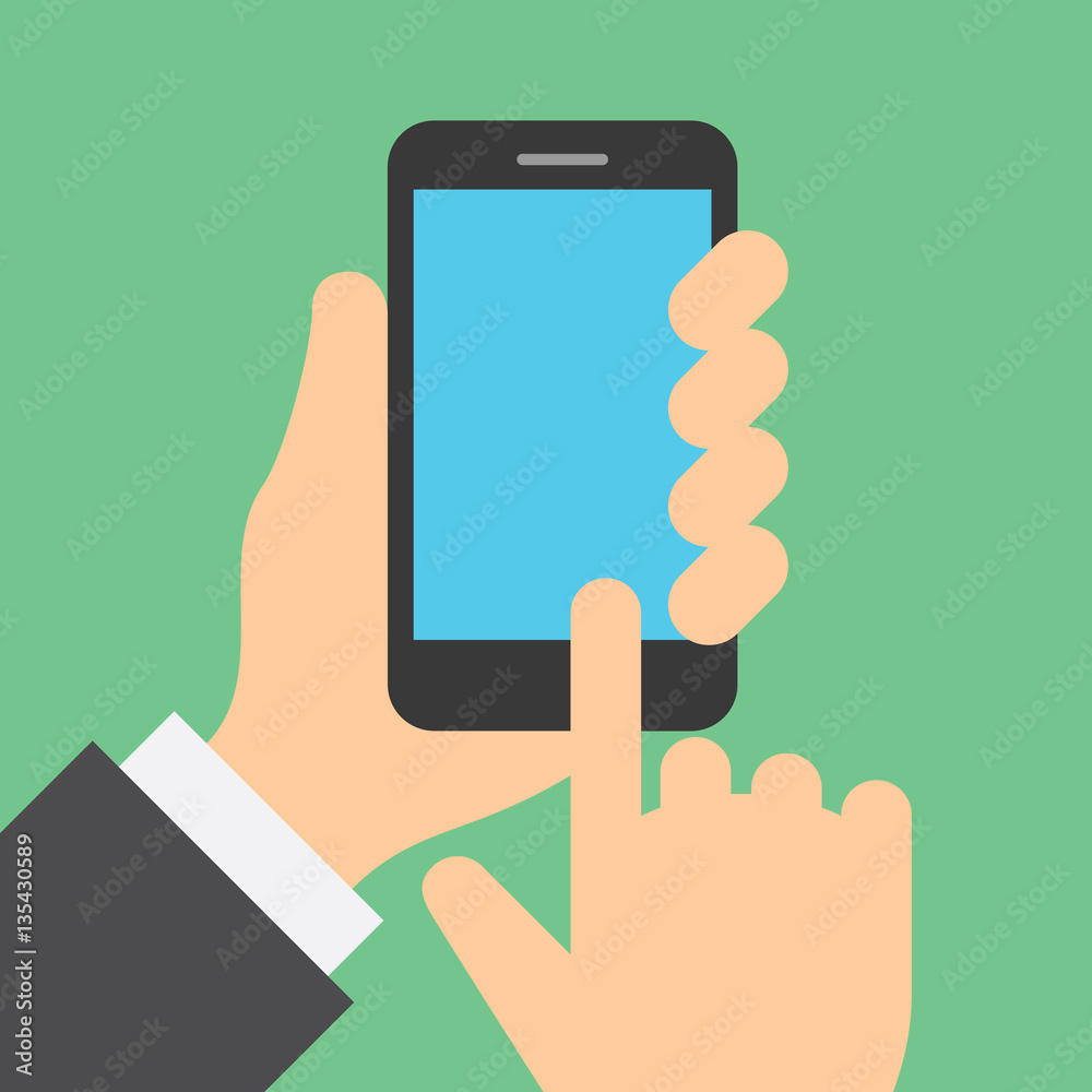 Finger clicks on cell phone display with touch screen. Finger clicks on cell phone display with touch screen.