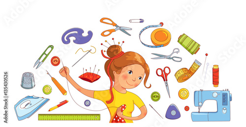 Seamstress girl and sewing tools vector concept