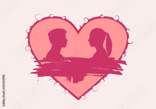 Man and woman silhouettes looking at each other. Grunge brush stroke. Happy valentines day and wedding design elements. Vector illustration. Big heart on backdrop. Side view.