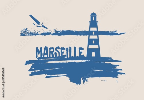 Lighthouse on brush stroke seashore. Clouds line with retro airplane icon. Vector illustration. Marseille city name text.