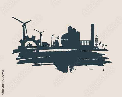 Energy and Power icons set and grunge brush stroke. Energy generation and heavy industry relative image. Agriculture and transportation. Vector illustration