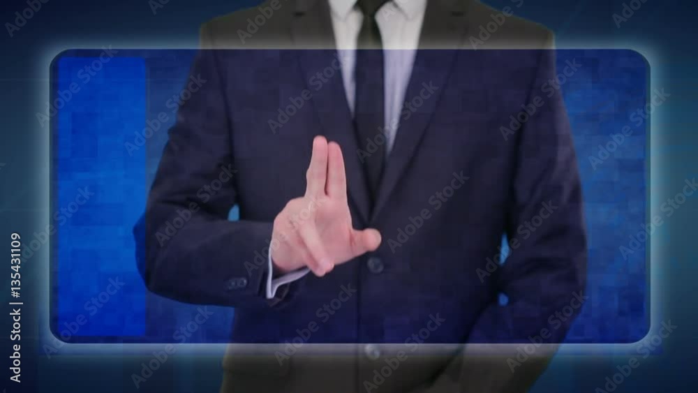 businessman doing a financial analysis on touch screens. Yuan, China,