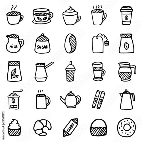 25 outline hand drawn icon Coffee, tea and sweets. Set of vector symbols from cafe