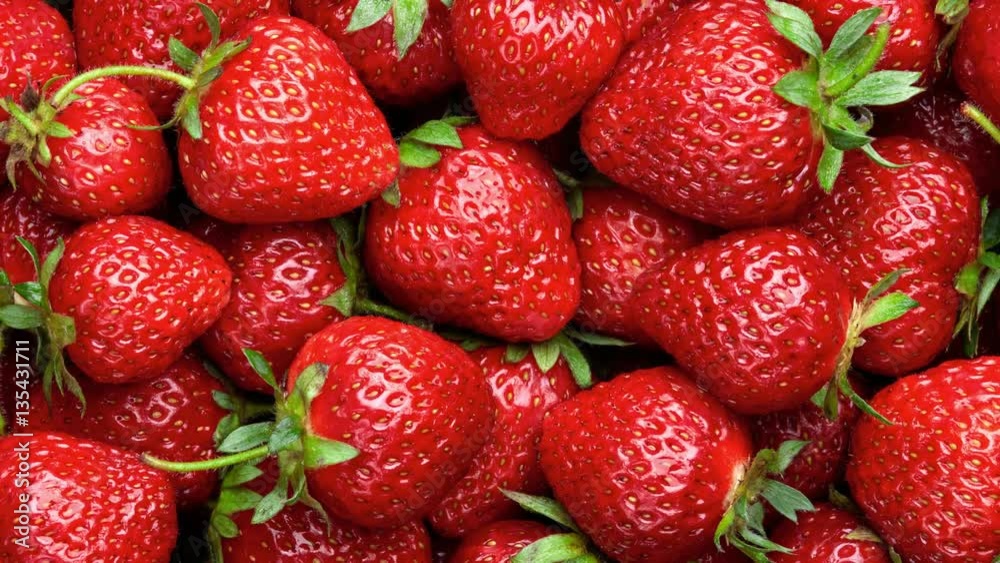 Strawberry background. Red ripe organic strawberries on market counter. UHD, 4K