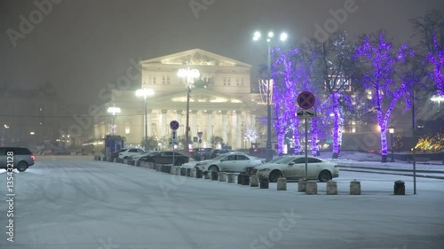 Russia in the snow: Bolshoi theatre in Moscow at night