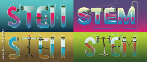 Abstract Illustration of STEM word in science, technology, engineering, mathematics education concept typography design with icon ornament elements editable.
