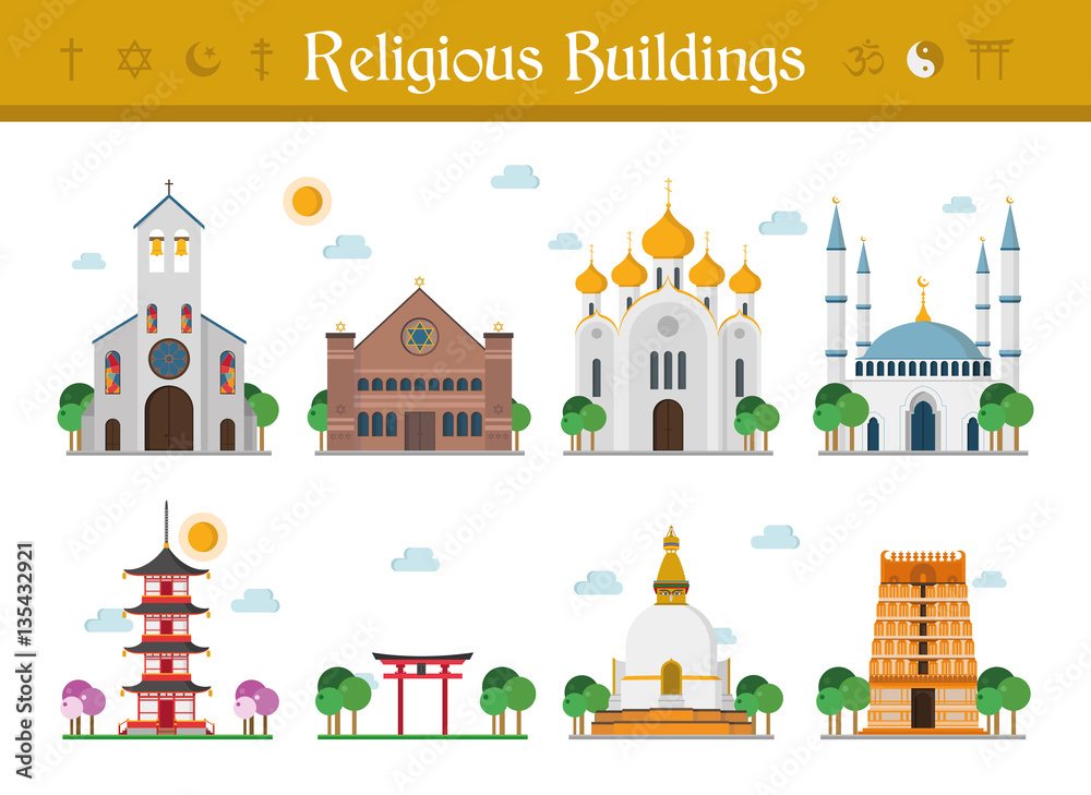 Set of Religious Buildings Vector Illustration: Catholicism, Judaism, Orthodox Church, Islamism, Buddhism, Taoism and Hinduism.