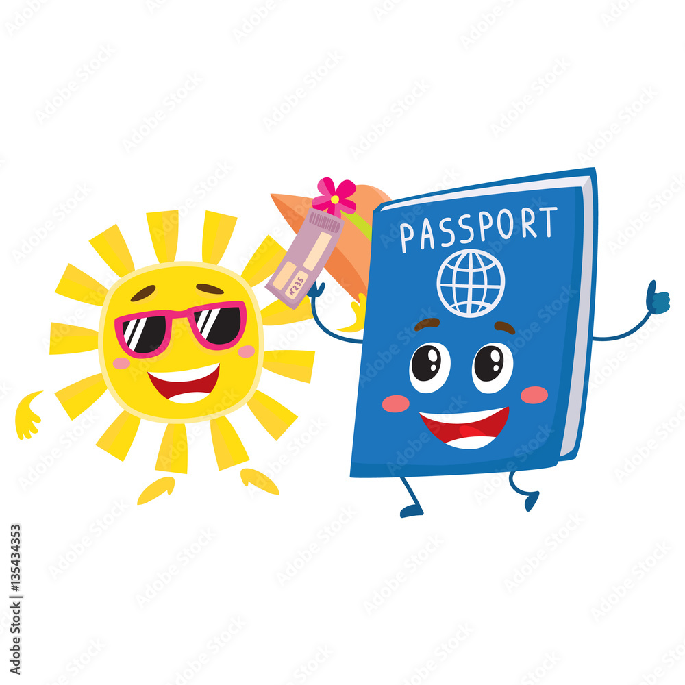 Φωτογραφία Summer sun and traveler passport characters, holiday, vacation concept, cartoon vector illustration isolated on white background