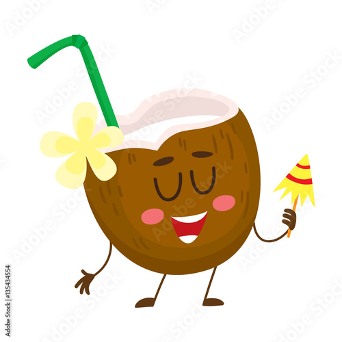 Exotic cocktail in coconut, funny character, summer vacation concept, cartoon vector illustration isolated on white background. Coconut drink, cocktail as a symbol of travelling to tropical country