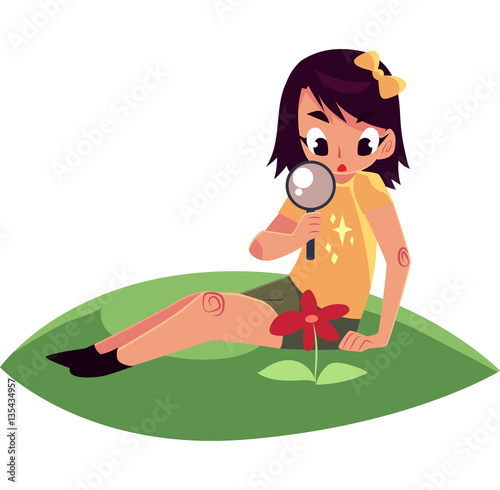 Little girl sitting on grass and studying a flower through magnifying glass, cartoon vector illustration isolated on white background. Little girl, botanist looking at flower through magnifying glass
