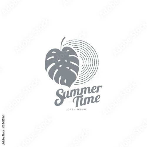 Black white graphic logo template with monstera palm leaf, vector illustration isolated on white background. Black white summer time abstract logotype, logo template with monstera palm leaf
