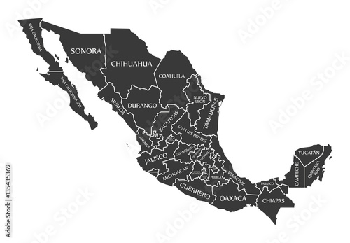 Canvas Print Mexico Map labelled black