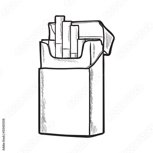 Unlabeled standing open pack of cigarettes, sketch vector illustration isolated on white background. Realistic hand-drawing of open unlabeled pack with unlit cigarettes