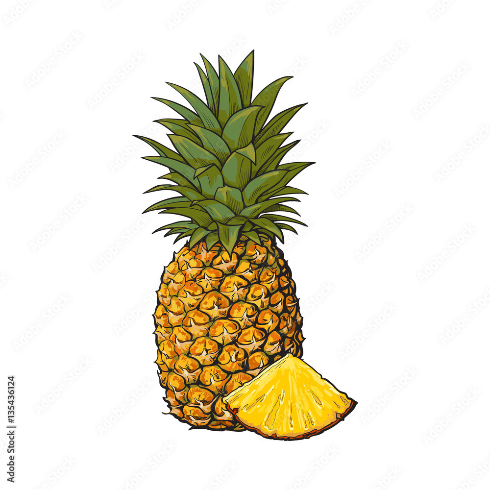 Whole, unpeeled, uncut, vertical pineapple and wedge formed slice