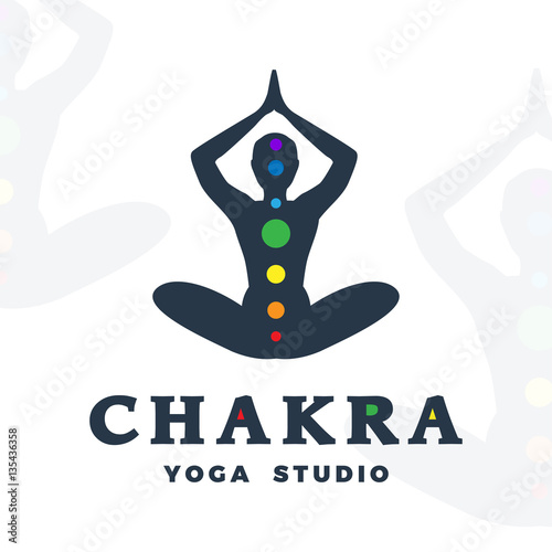 Yoga studio logo template. Chakra company logotype. Meditation pose silhouette design. Vector man label. Creative wellness illustration.