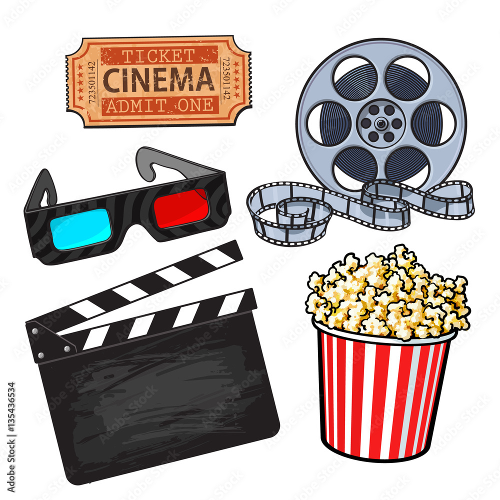 Cinema, movie objects - popcorn bucket, film roll, ticket, clapper board  and 3d glasses, cartoon vector illustration isolated on white background.  Set of cinema, movies symbols, icons, objects Stock Vector | Adobe Stock