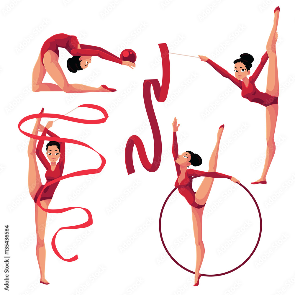 Set of beautiful girl doing rhythmic gymnastics with ribbon, ball, hoop,  cartoon vector illustration isolated on white background. Beautiful rhythmic  gymnast exercising with ribbon, ball, hoop Stock Vector
