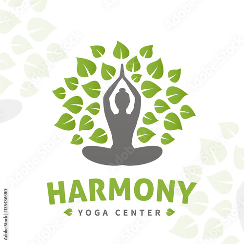 Vector yoga tree logo concept. Harmony insignia design. Wellness center illustration. Girl with leaves on white background.