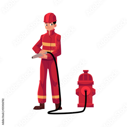 Firefighter, fireman in red protective suit holding fire hose at hydrant, cartoon vector illustration isolated on white background. Full length portrait of firefighter, fireman holding fire hose