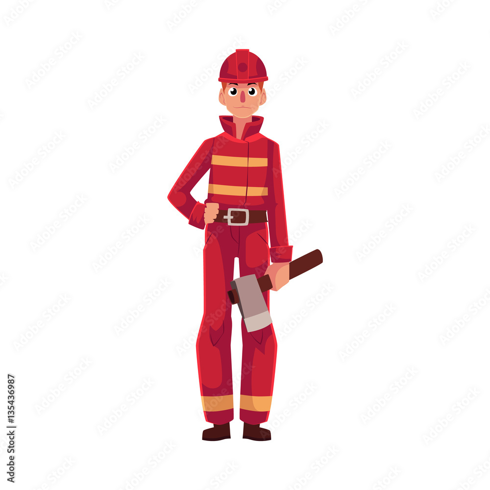 Firefighter, fireman in red protective suit holding axe in hand, cartoon vector illustration isolated on white background. Full length portrait of firefighter, fireman holding axe Firefighter, fireman in red protective suit holding axe in hand, cartoon vector illustration isolated on white background. Full length portrait of firefighter, fireman holding axe