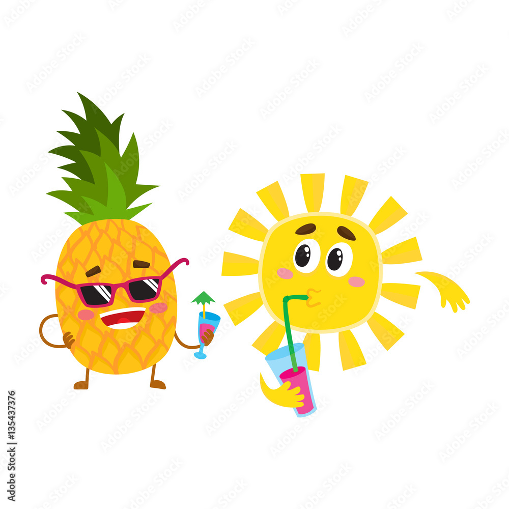 Cute and funny pineapple and sun characters talking, drinking cocktails, having fun, cartoon vector illustration isolated on white background. Funky pineapple and sun characters enjoying vacation