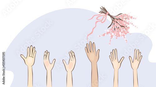 Brides bouquet flight / Vector illustration, Bridesmaid catch the bouquet