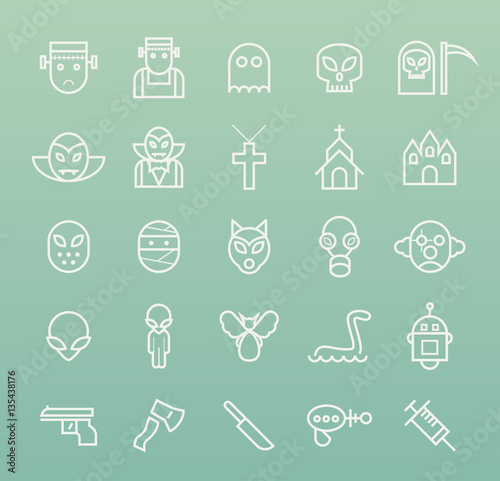 Set of Quality Universal Standard Minimal Simple Monsters White Thin Line Icons on White Background