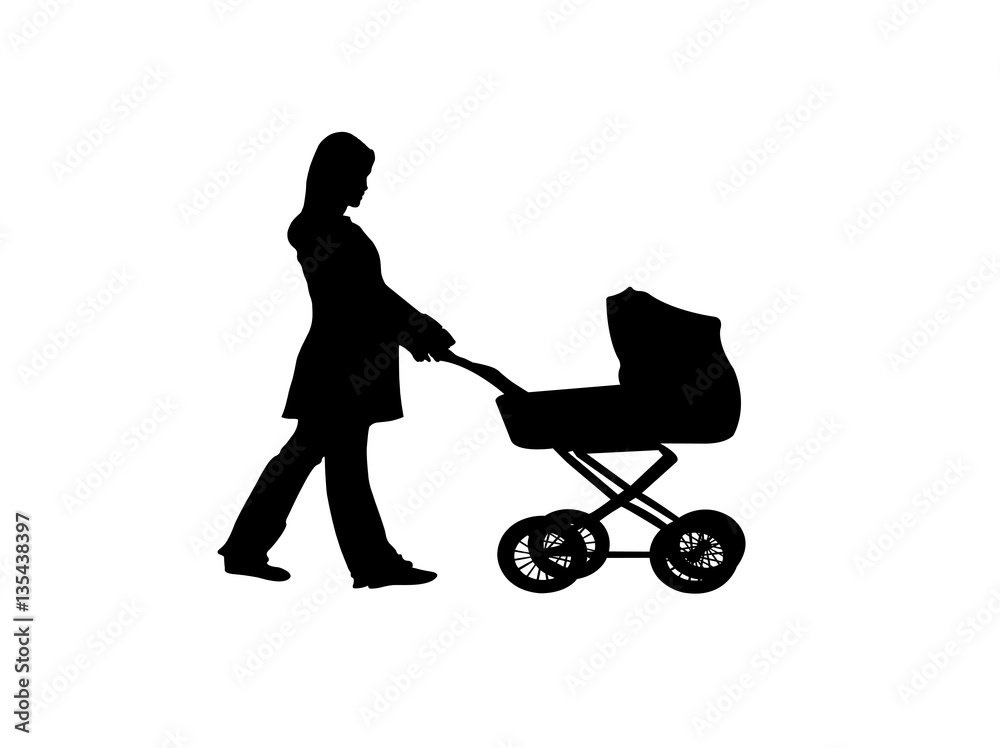 silhouette of a woman pushing a stroller isolated on white silhouette of a woman pushing a stroller isolated on white