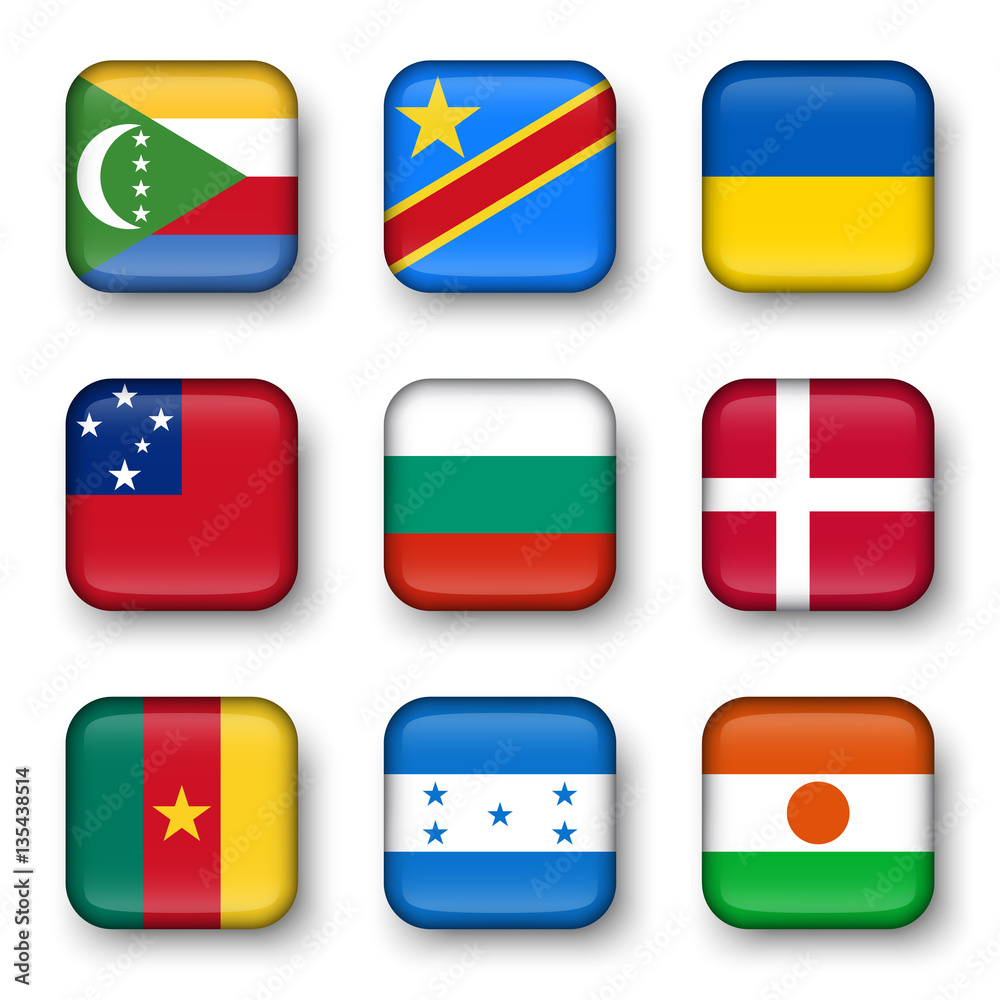 Set of world flags quadrangular badges ( Comoros . Democratic Republic of the Congo . Ukraine . Samoa , Bulgaria . Denmark . Cameroon . Honduras . Niger ) Set of world flags quadrangular badges ( Comoros . Democratic Republic of the Congo . Ukraine . Samoa , Bulgaria . Denmark . Cameroon . Honduras . Niger )