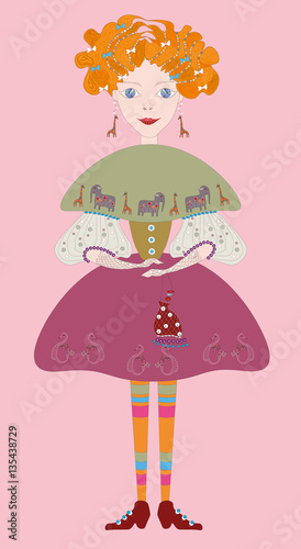 vector illustration of a very pretty fashion doll with very decorated dress, gloves, bag and hair