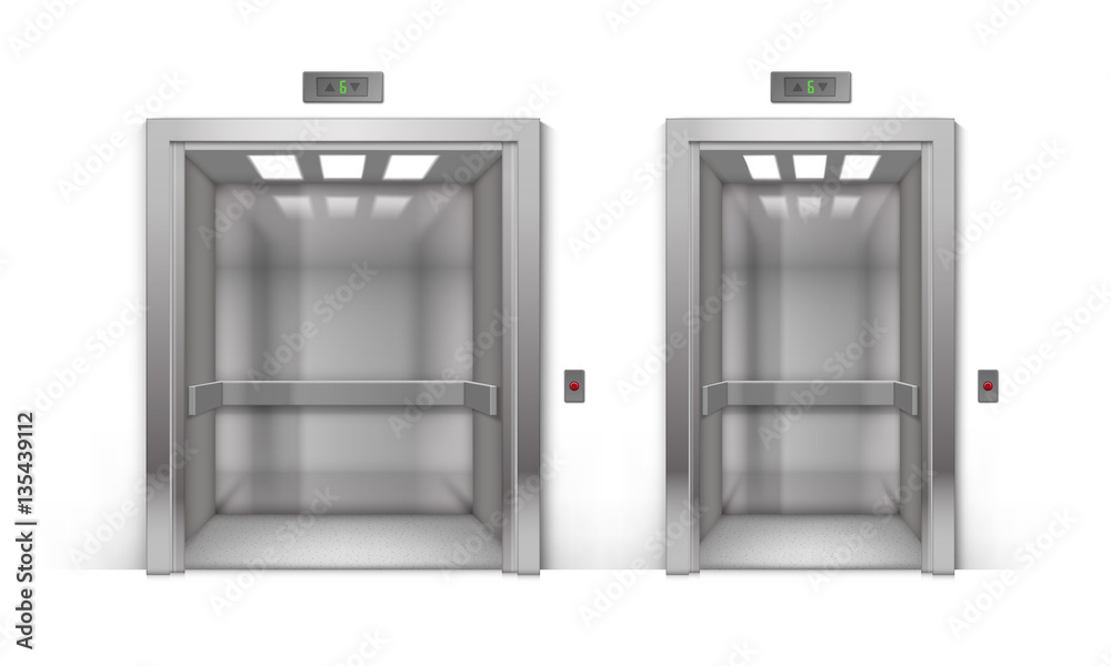 Vector Set of Realistic Open Chrome Metal Office Building Elevator Isolated on Background Vector Set of Realistic Open Chrome Metal Office Building Elevator Isolated on Background
