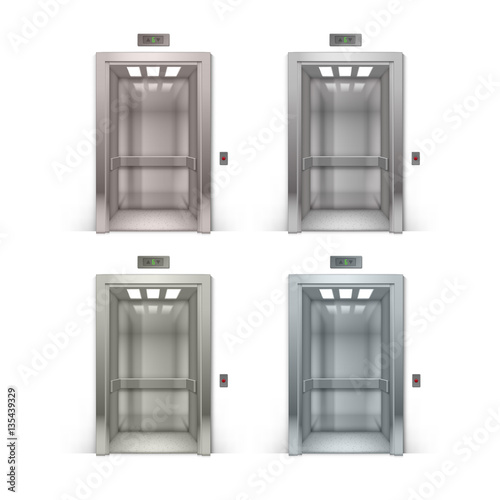 Vector Set of Realistic Open Chrome Metal Office Building Elevator Isolated on Background