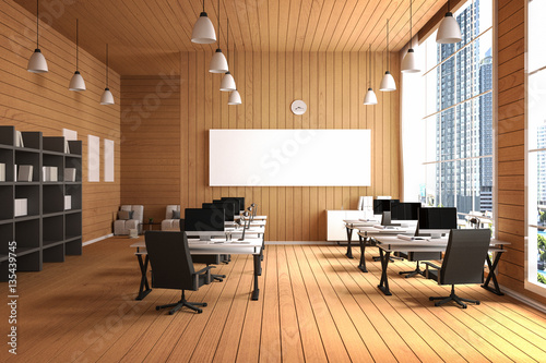 3D Rendering : illustration of modern interior Creative designer office desktop with PC computer.computer labs.working place of graphic design.close-up.Mock up.wood floor.light from outside