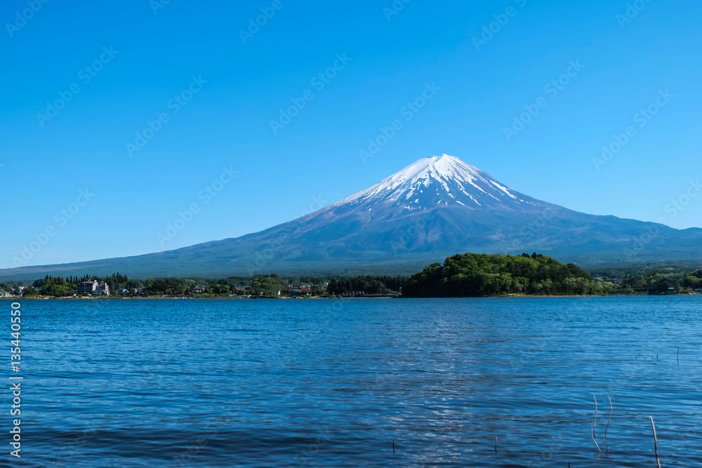 Fuji mountain and Kawaguchiko lake with blue sky, Japan