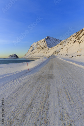 Winter road near Haukland on Lofoten archipelago  Nordland  Norway