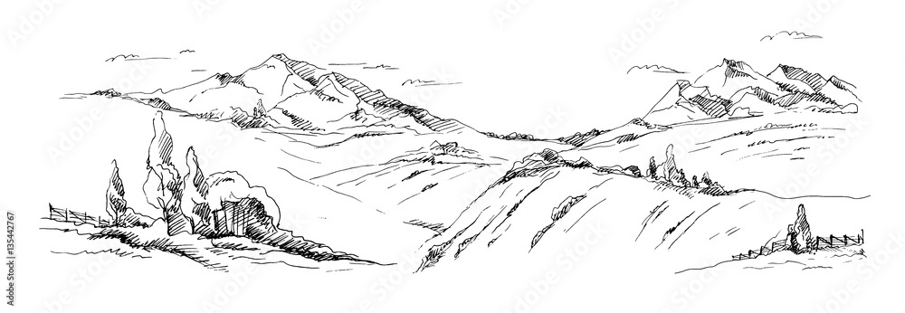 Fototapeta premium Rural landscape in graphic style