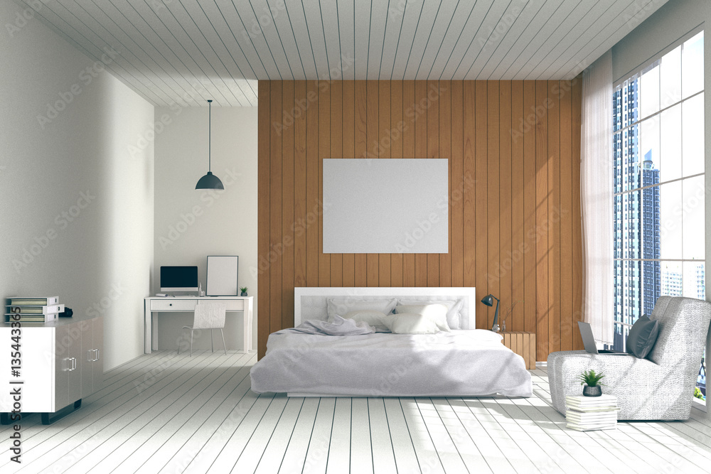 3D rendering : illustration of big spacious bedroom in soft light color.big comfortable double bed in elegant classic modern bedroom.interior design of house.modern wooden tile house